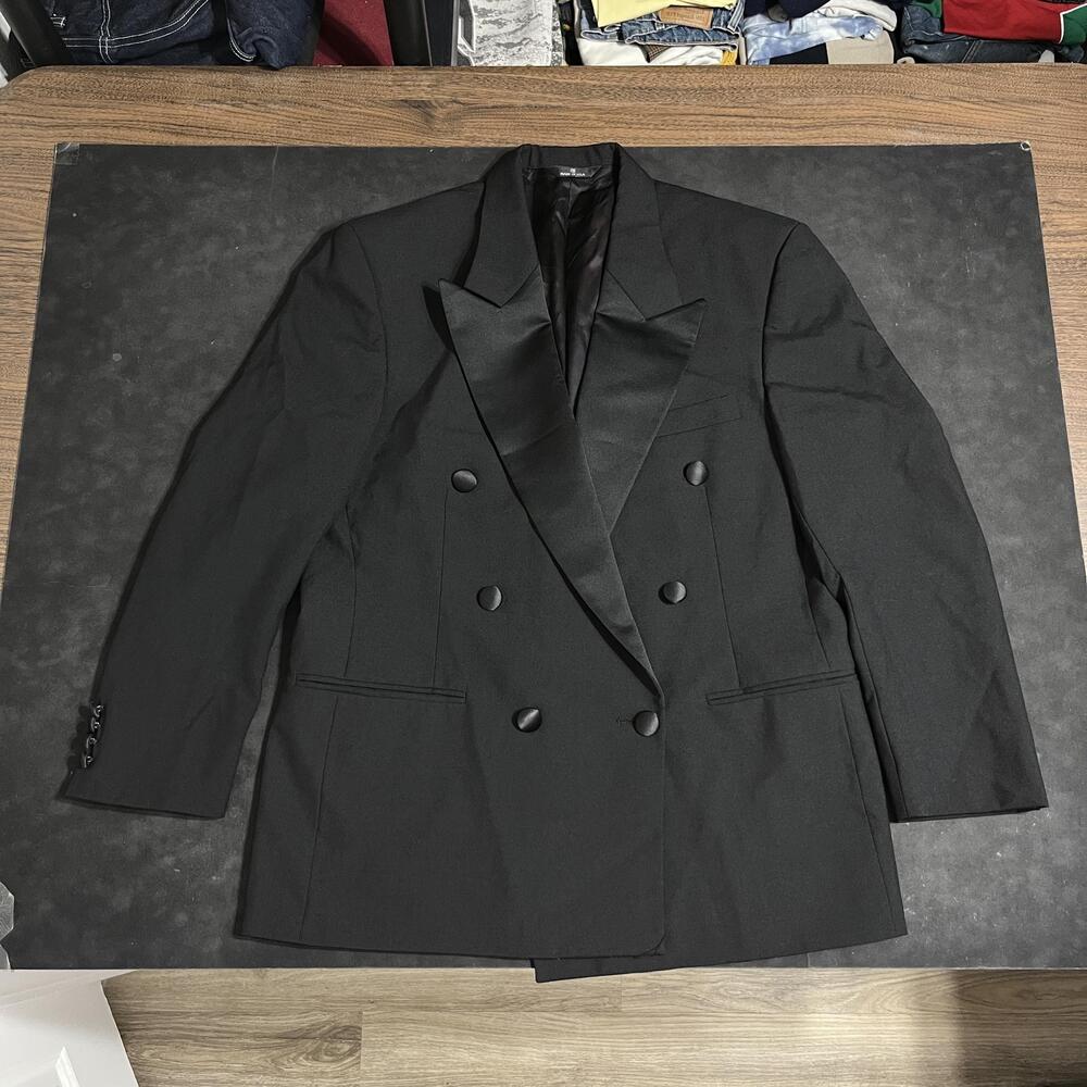 Vintage Lanvin Tuxedo Jacket Mens 44 Black Wool Double Breasted USA Peak Lapel